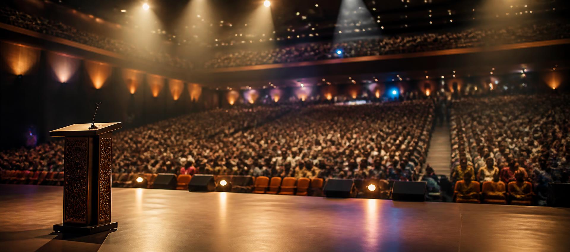 A packed auditorium seen from the stage, warm spotlights beaming through the haze